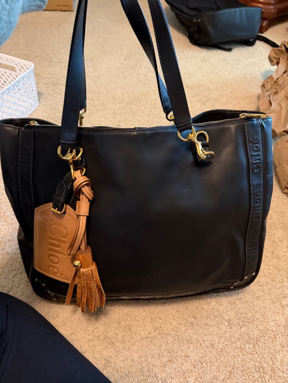 Chloe Black Leather Tote with Tan Tassel Charm - Picture 2 of 6